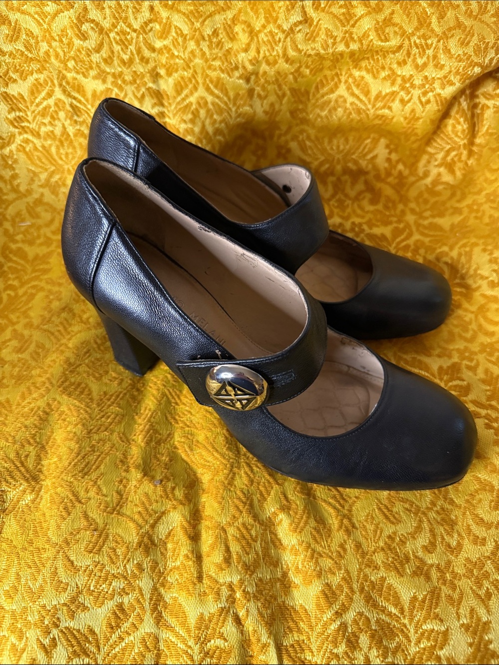ANTONIO MELANI Black Mary Jane Heels with Gold Button - Picture 5 of 5